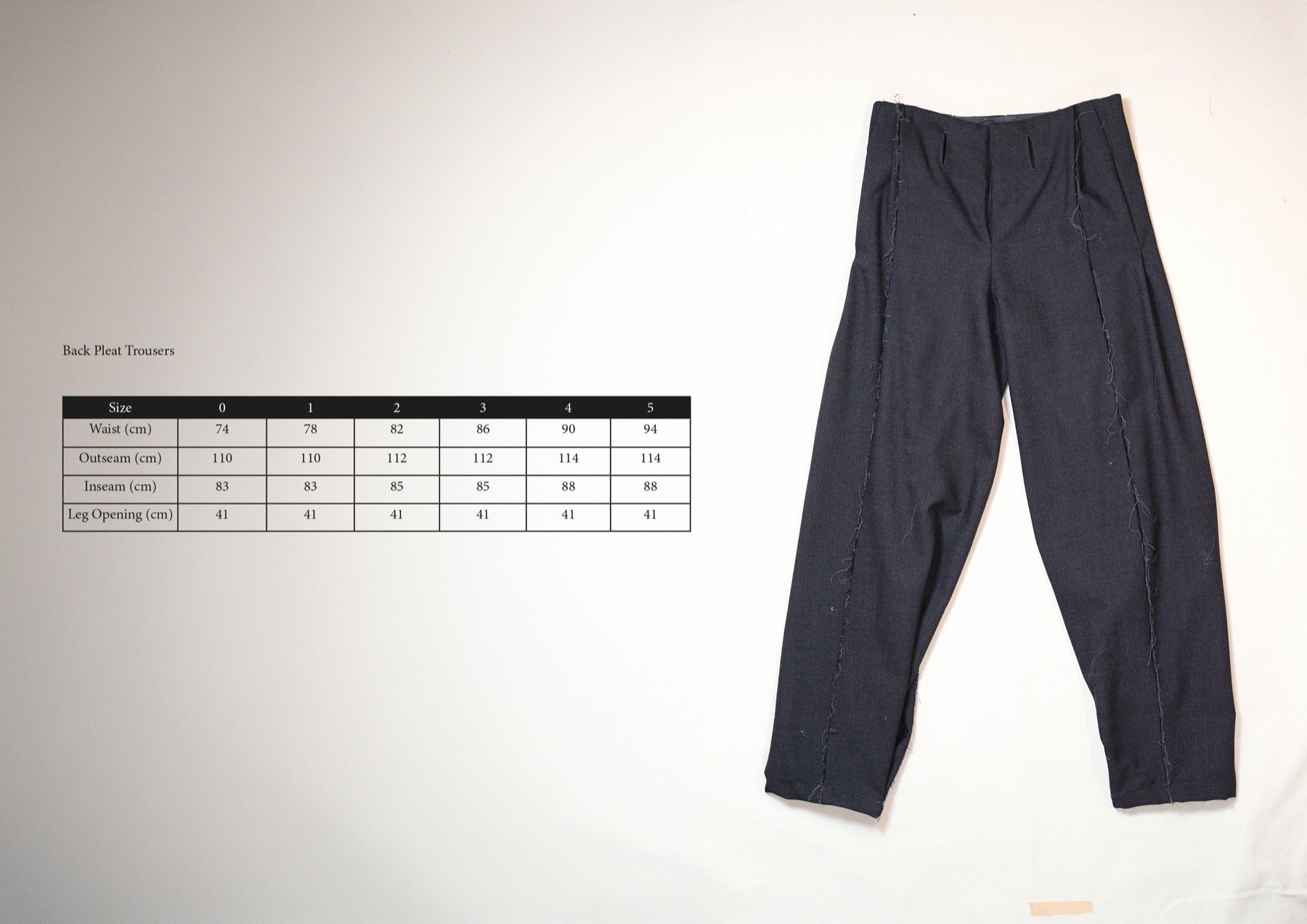 Size chart for Back Pleat Trousers, measurements in centimetres