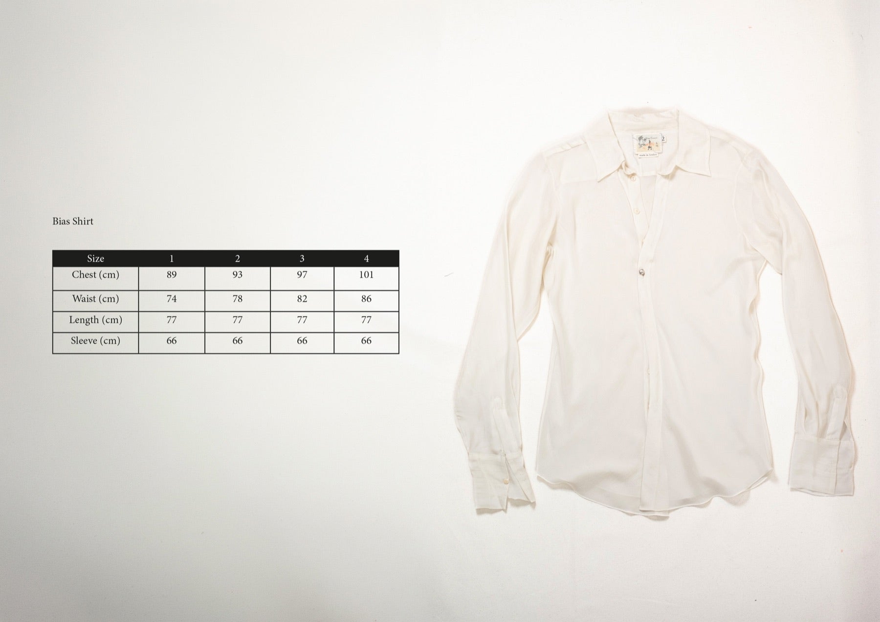 Size chart for Bias Shirt in Black Silk, measurements in centimetres