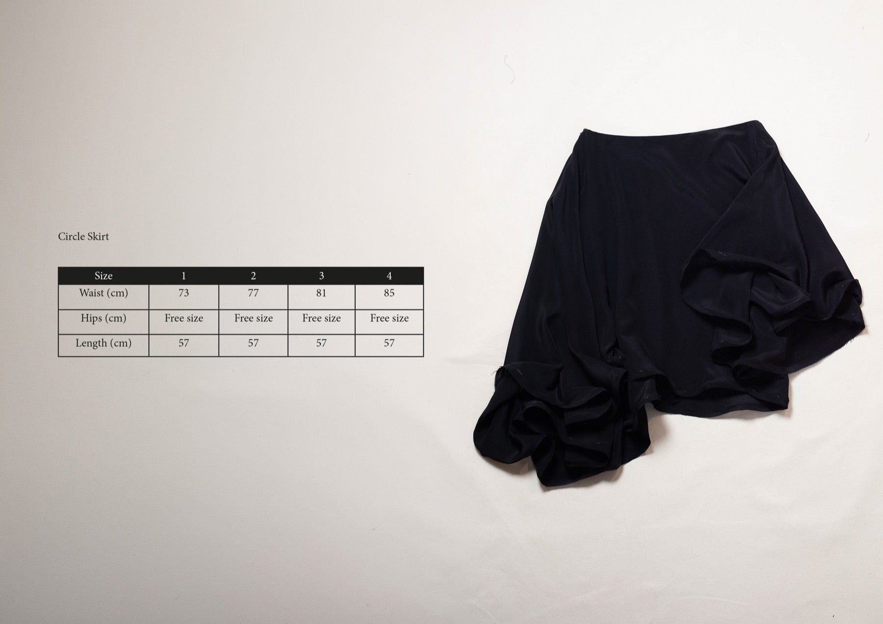 Size chart for Silk Circle Skirt in Ivory, measurements in centimetres