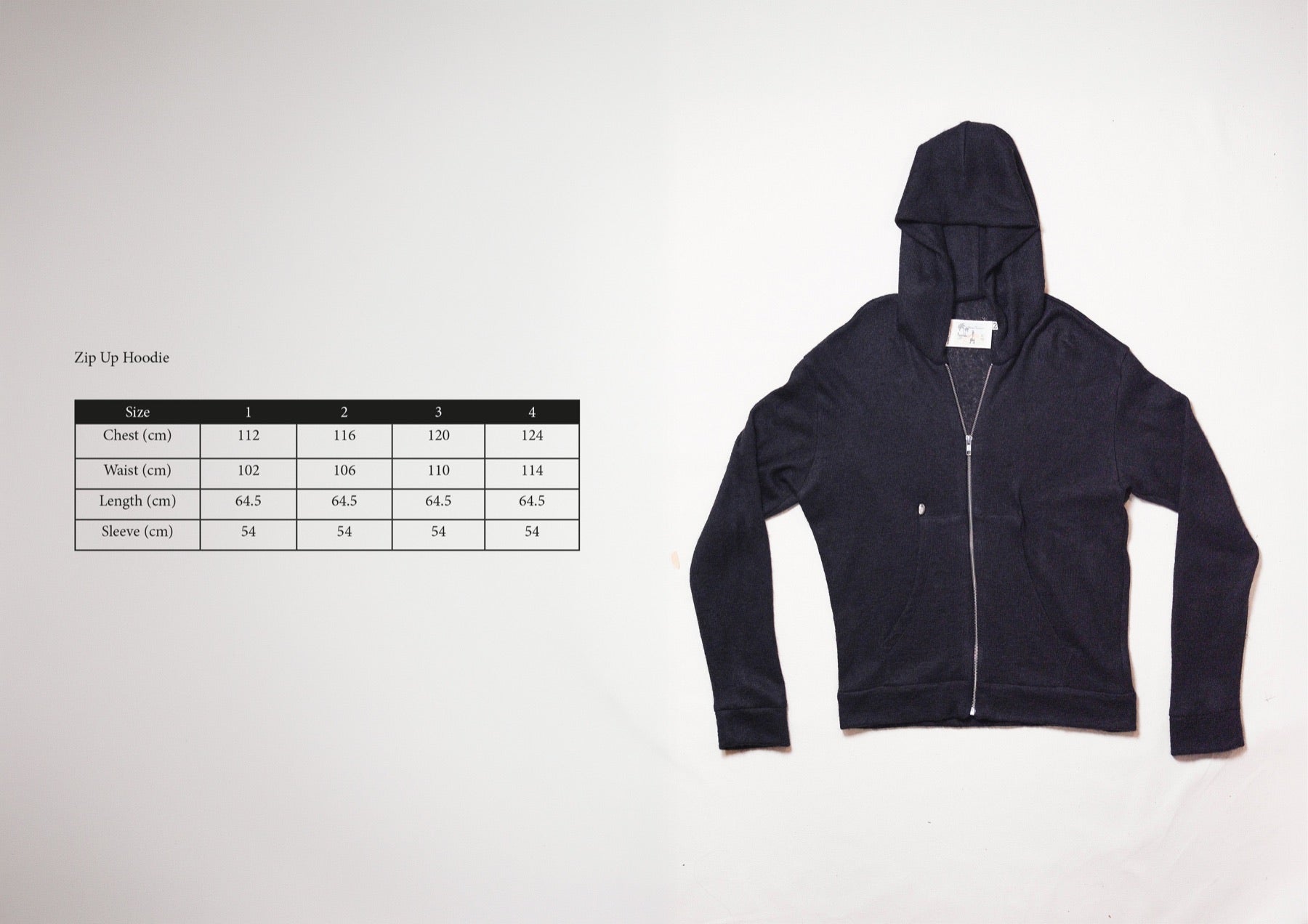 Size chart for Knit Zip-Up Hoodie with Silver Button, measurements in centimetres