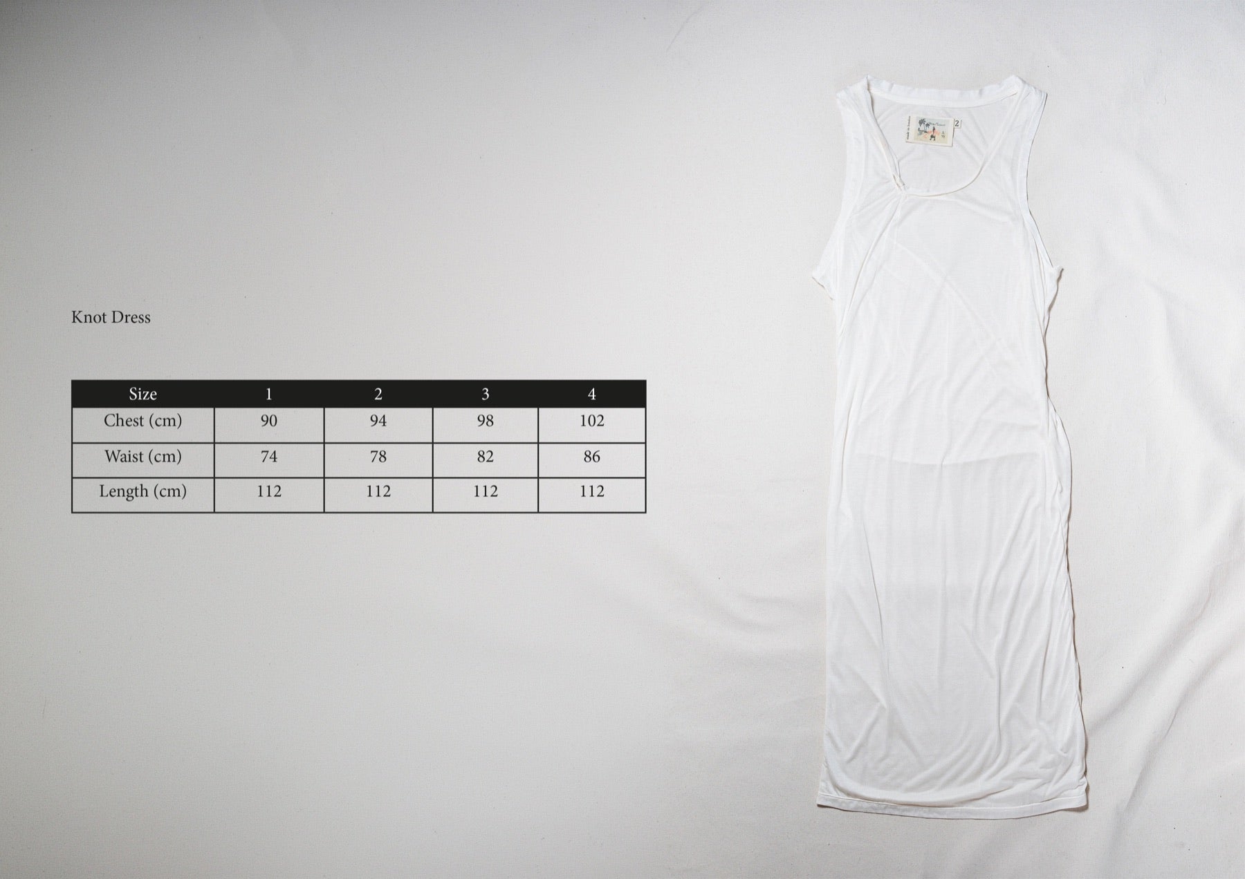 Size chart for Knot Dress, measurements in centimetres