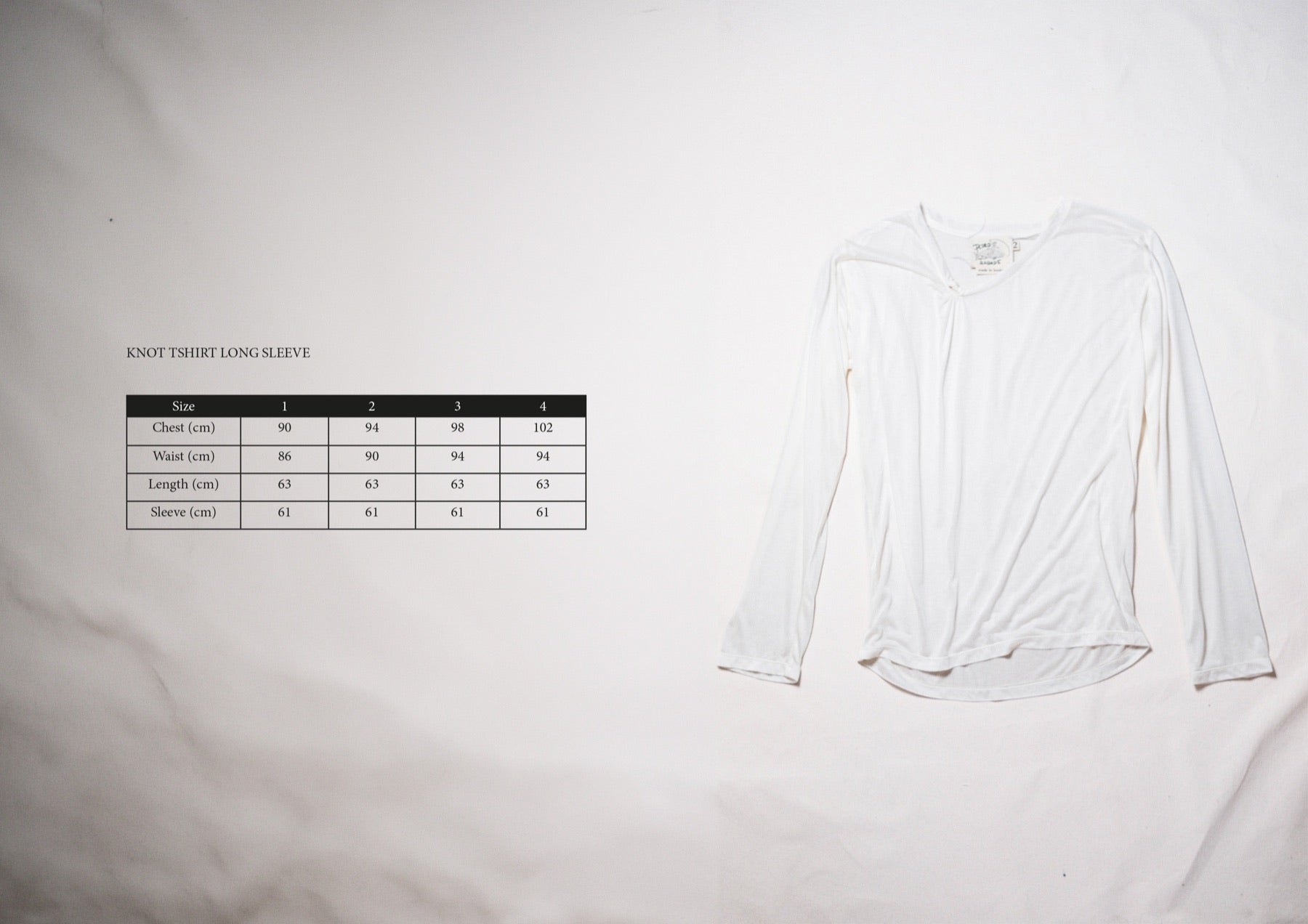 Size chart for Knot Longsleeve T-Shirt, measurements in centimetres