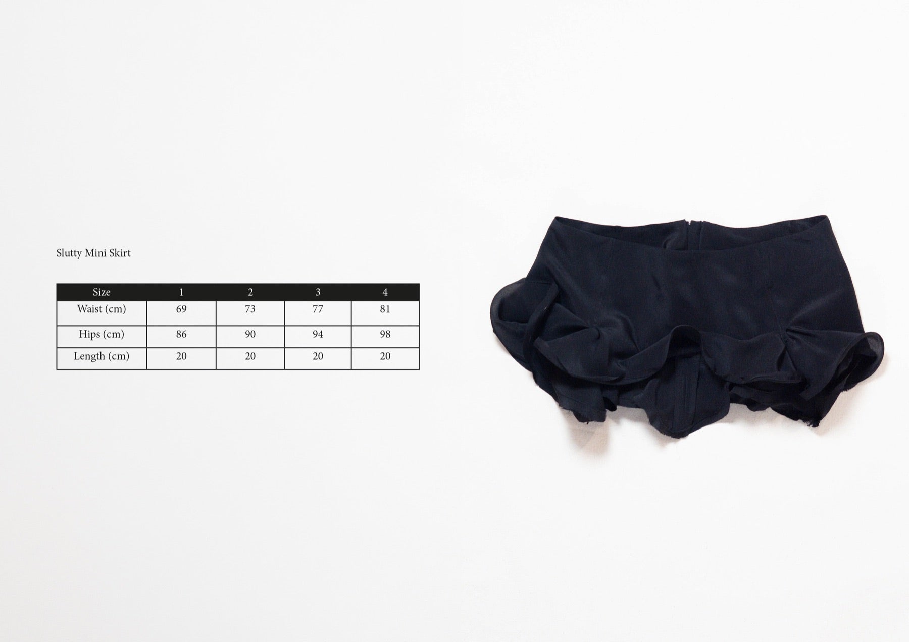 Size chart for Slutty Mini Skirt in Navy Wool, measurements in centimetres