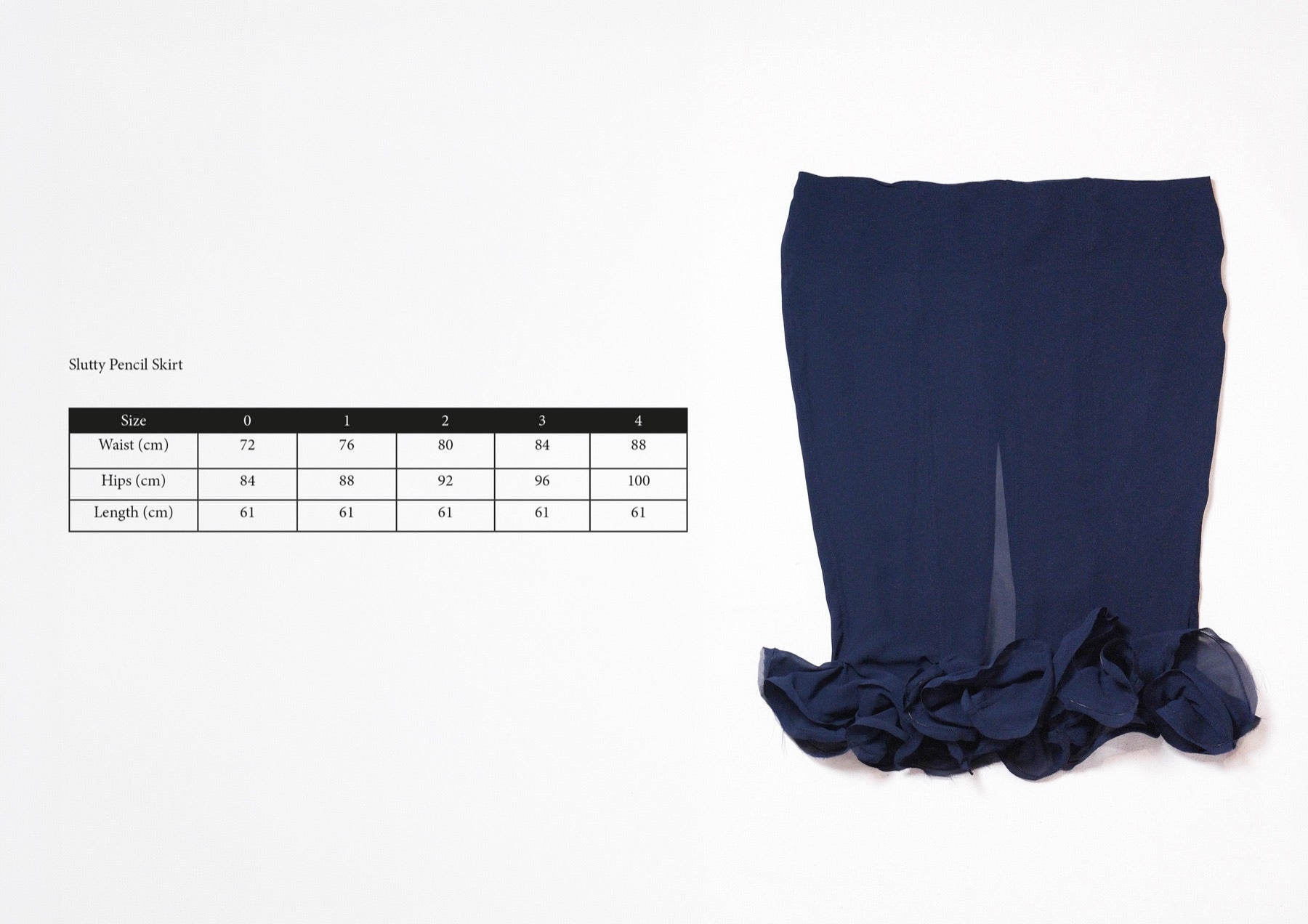 Size chart for Slutty Pencil Skirt in Navy Silk, measurements in centimetres