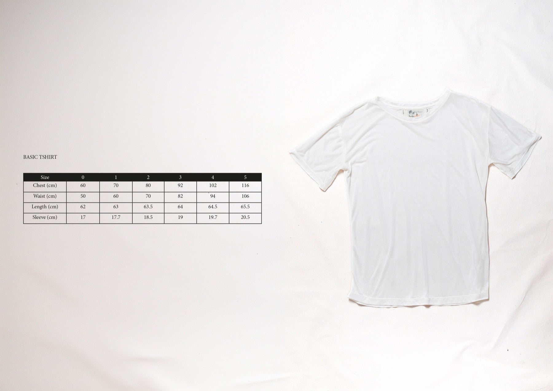Size chart for Basic Tee in Ivory, measurements in centimetres